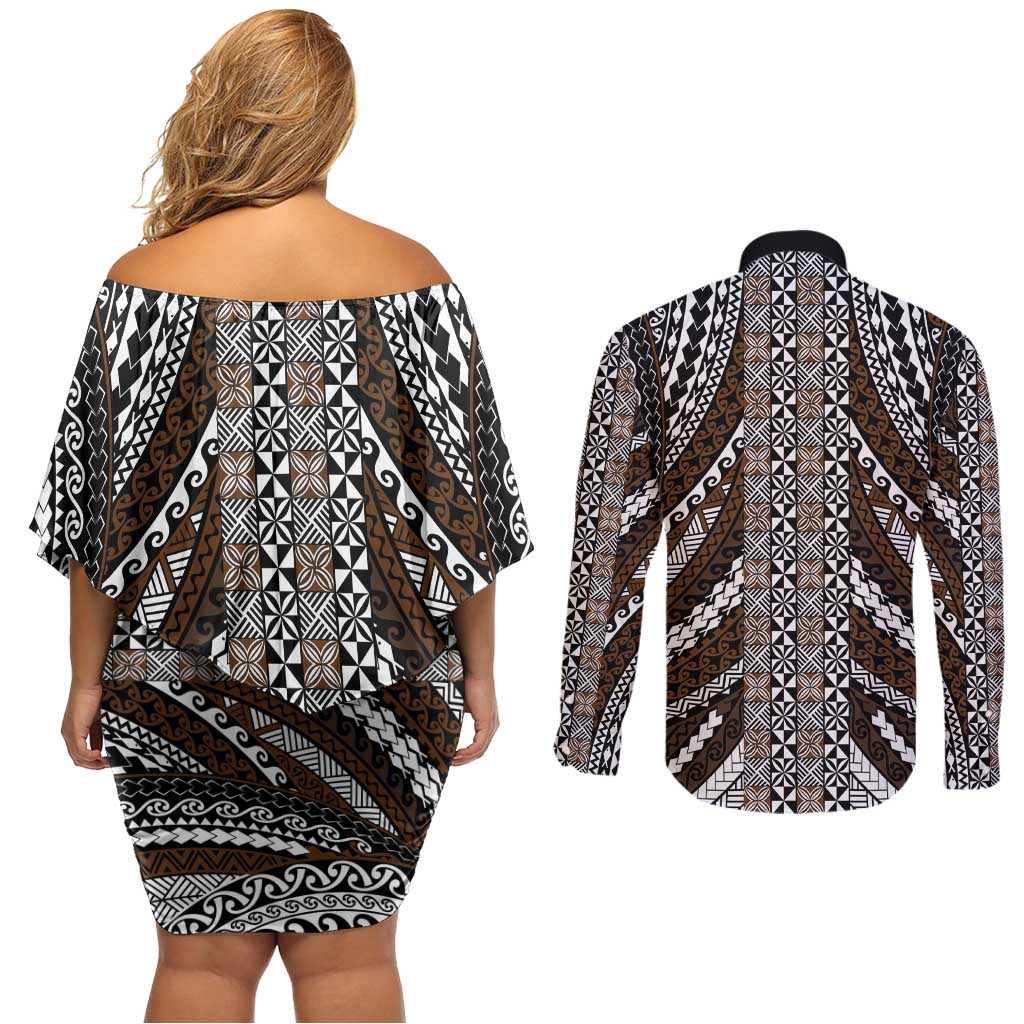 Brown Tongan Polynesian Tribal Couples Matching Off Shoulder Short Dress and Long Sleeve Button Shirt LT9 - Polynesian Pride