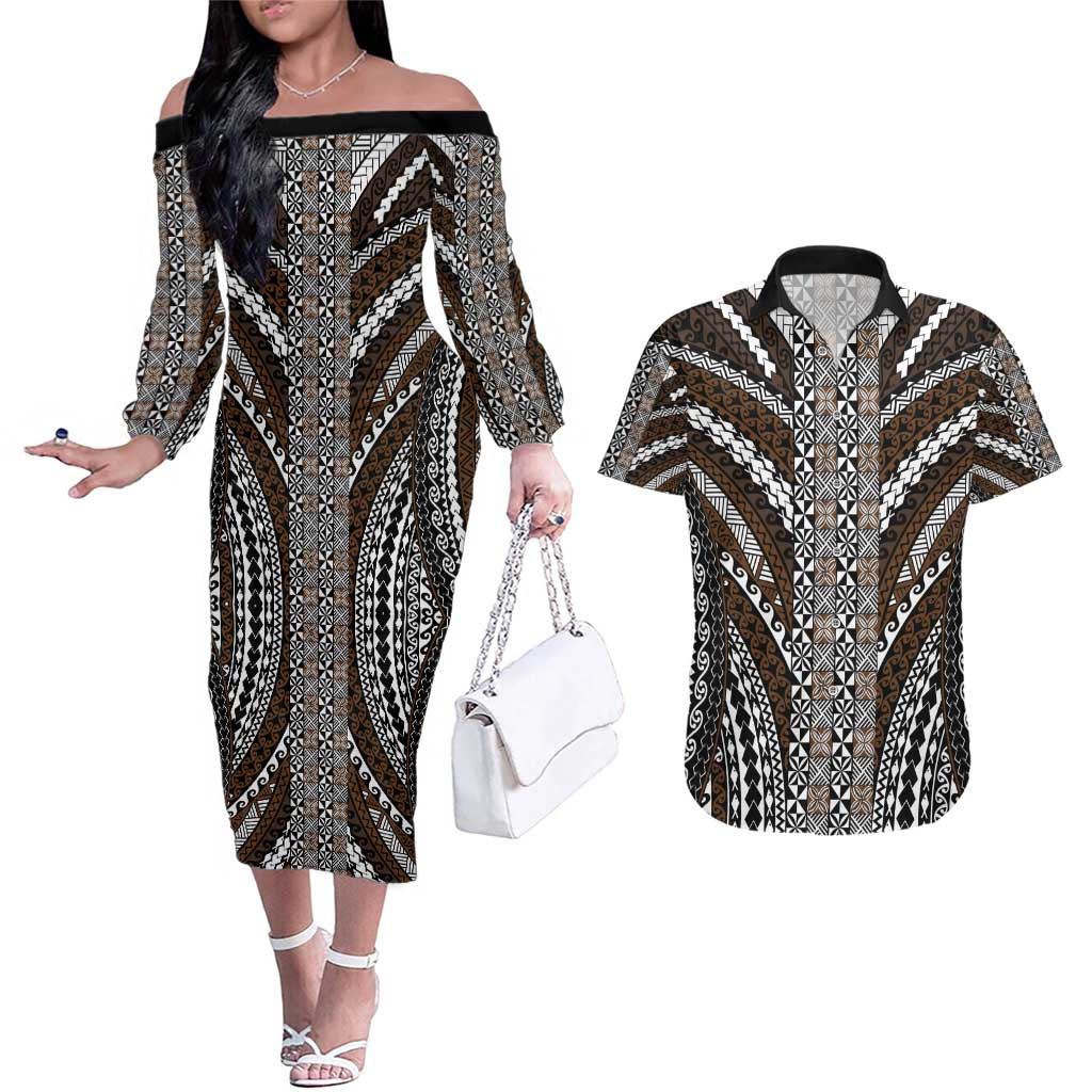 Brown Tongan Polynesian Tribal Couples Matching Off The Shoulder Long Sleeve Dress and Hawaiian Shirt LT9 Brown - Polynesian Pride