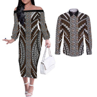 Brown Tongan Polynesian Tribal Couples Matching Off The Shoulder Long Sleeve Dress and Long Sleeve Button Shirt LT9 Brown - Polynesian Pride