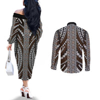 Brown Tongan Polynesian Tribal Couples Matching Off The Shoulder Long Sleeve Dress and Long Sleeve Button Shirt LT9 - Polynesian Pride