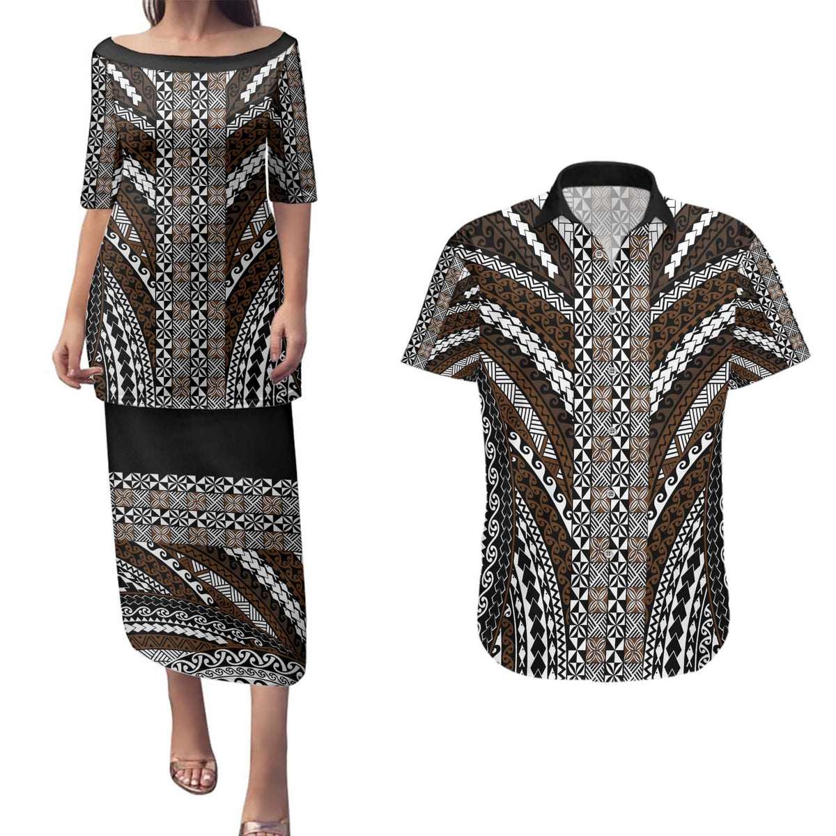Brown Tongan Polynesian Tribal Couples Matching Puletasi and Hawaiian Shirt - Polynesian Pride