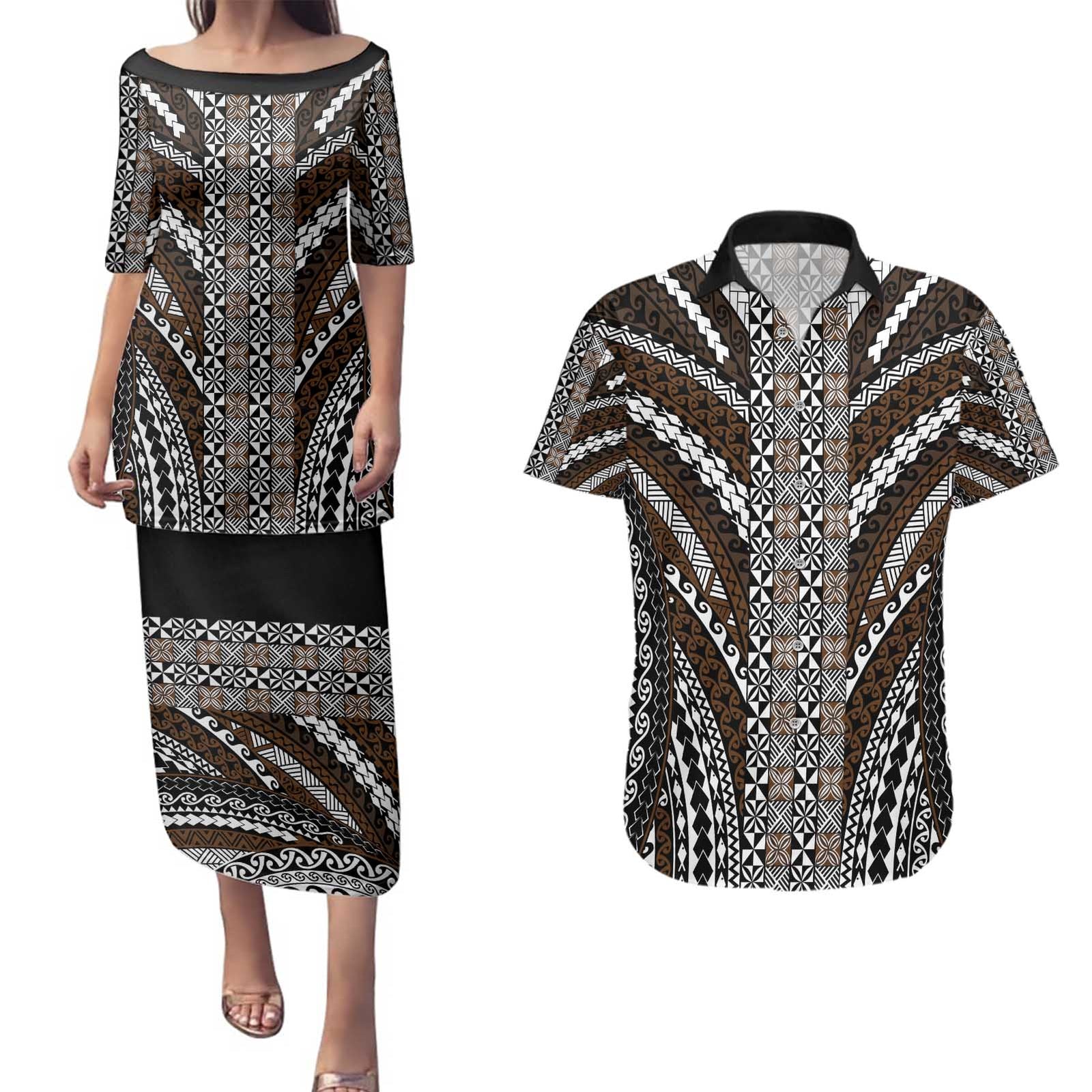 Brown Tongan Polynesian Tribal Couples Matching Puletasi and Hawaiian Shirt LT9 Brown - Polynesian Pride