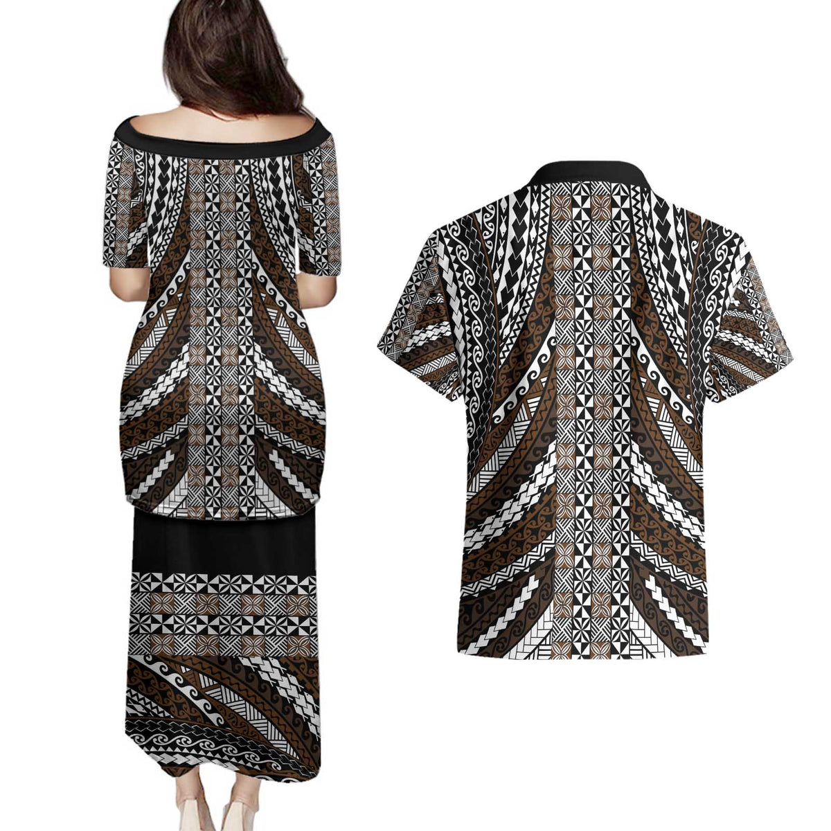 Brown Tongan Polynesian Tribal Couples Matching Puletasi and Hawaiian Shirt - Polynesian Pride