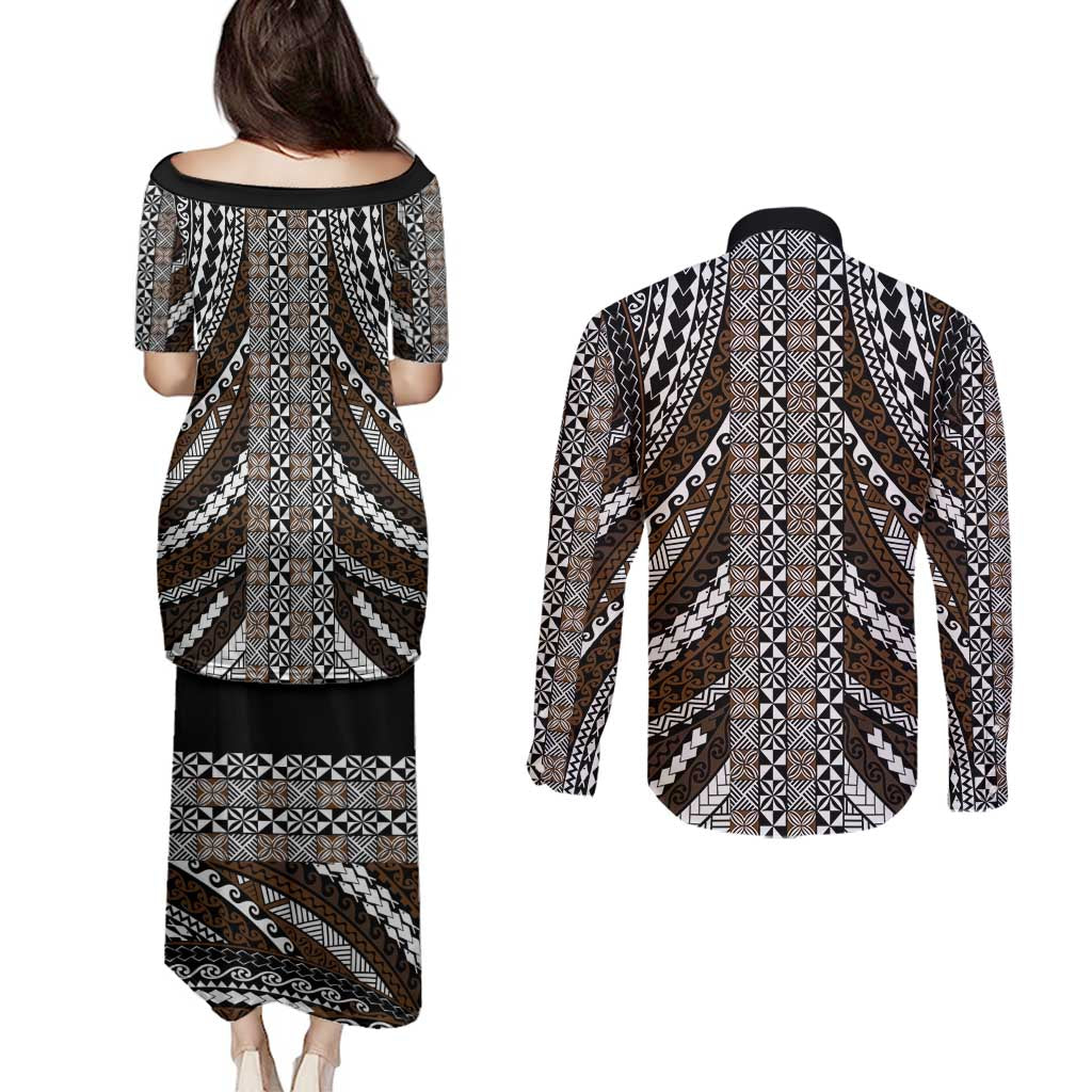 Brown Tongan Polynesian Tribal Couples Matching Puletasi and Long Sleeve Button Shirt LT9 - Polynesian Pride