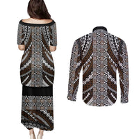 Brown Tongan Polynesian Tribal Couples Matching Puletasi and Long Sleeve Button Shirt LT9 - Polynesian Pride