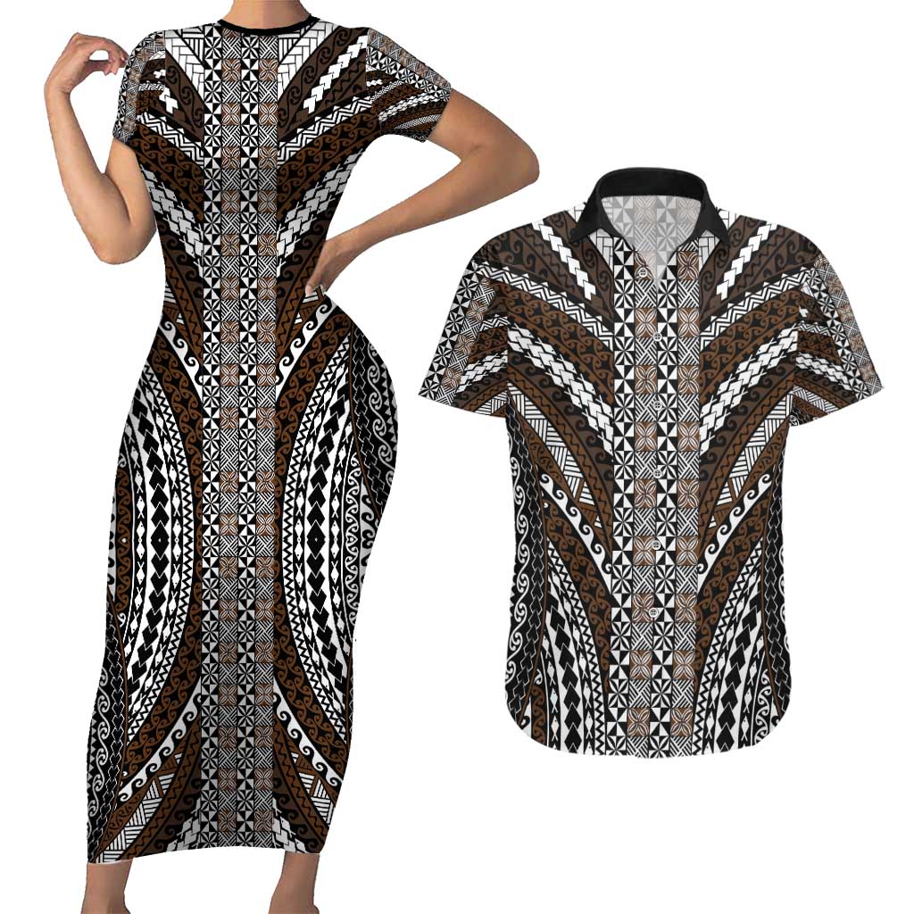 Brown Tongan Polynesian Tribal Couples Matching Short Sleeve Bodycon Dress and Hawaiian Shirt LT9 Brown - Polynesian Pride
