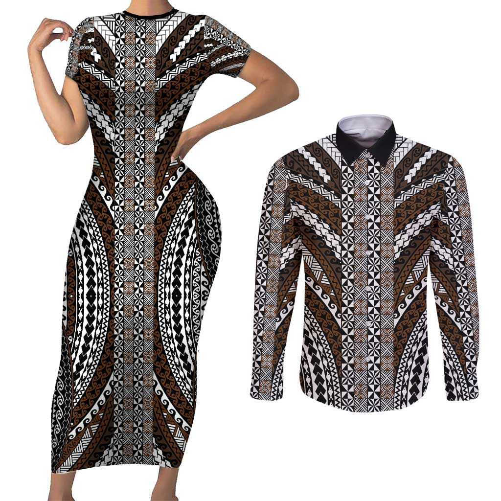 Brown Tongan Polynesian Tribal Couples Matching Short Sleeve Bodycon Dress and Long Sleeve Button Shirt LT9 Brown - Polynesian Pride