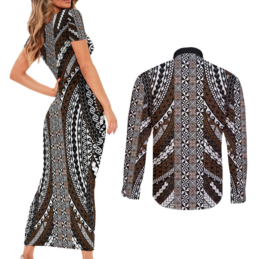 Brown Tongan Polynesian Tribal Couples Matching Short Sleeve Bodycon Dress and Long Sleeve Button Shirt - Polynesian Pride