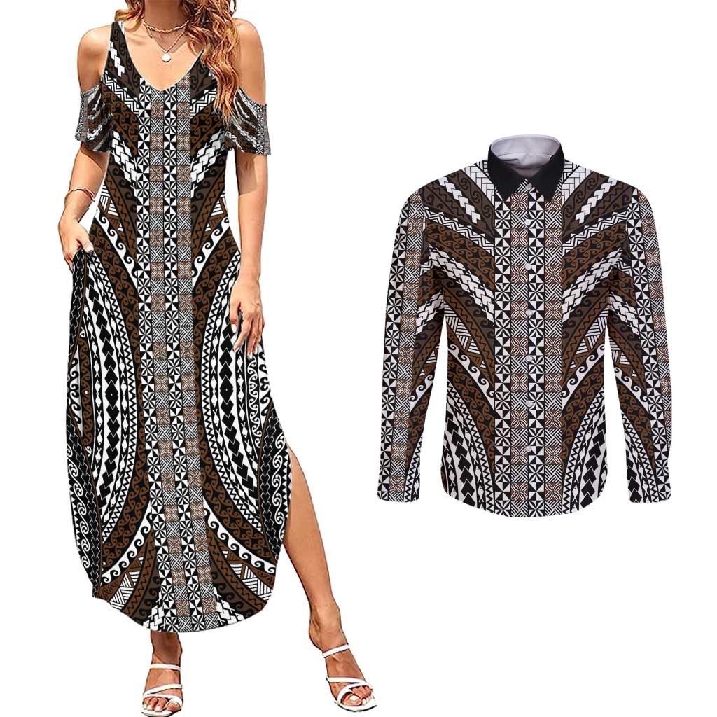 Brown Tongan Polynesian Tribal Couples Matching Summer Maxi Dress and Long Sleeve Button Shirt LT9 Brown - Polynesian Pride