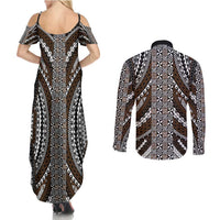 Brown Tongan Polynesian Tribal Couples Matching Summer Maxi Dress and Long Sleeve Button Shirt LT9 - Polynesian Pride
