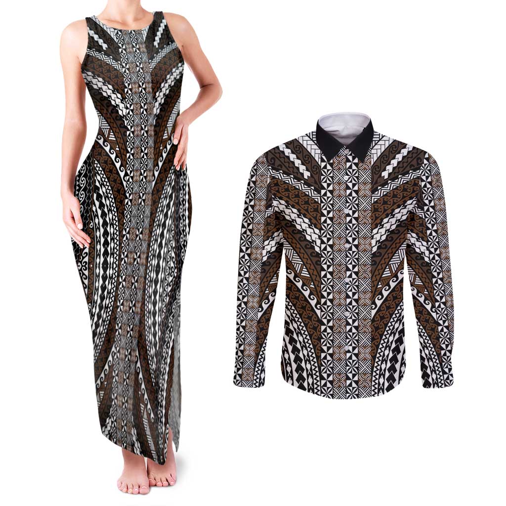 Brown Tongan Polynesian Tribal Couples Matching Tank Maxi Dress and Long Sleeve Button Shirt LT9 Brown - Polynesian Pride