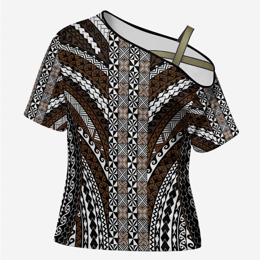 Brown Tongan Polynesian Tribal Cross Shoulder Shirt LT9 Female Brown - Polynesian Pride