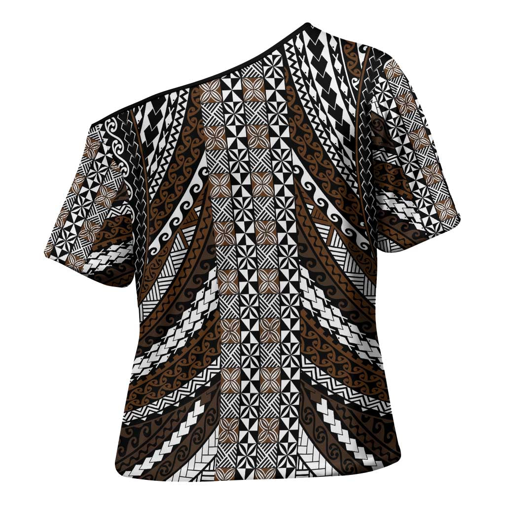 Brown Tongan Polynesian Tribal Cross Shoulder Shirt LT9 - Polynesian Pride
