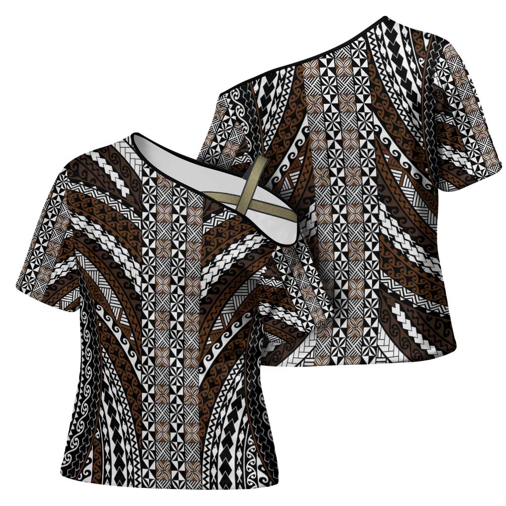 Brown Tongan Polynesian Tribal Cross Shoulder Shirt LT9 - Polynesian Pride