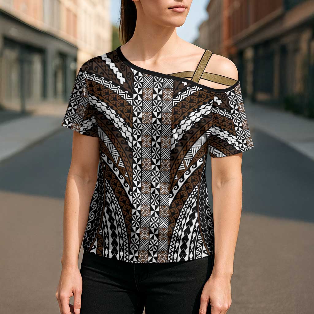 Brown Tongan Polynesian Tribal Cross Shoulder Shirt LT9 - Polynesian Pride