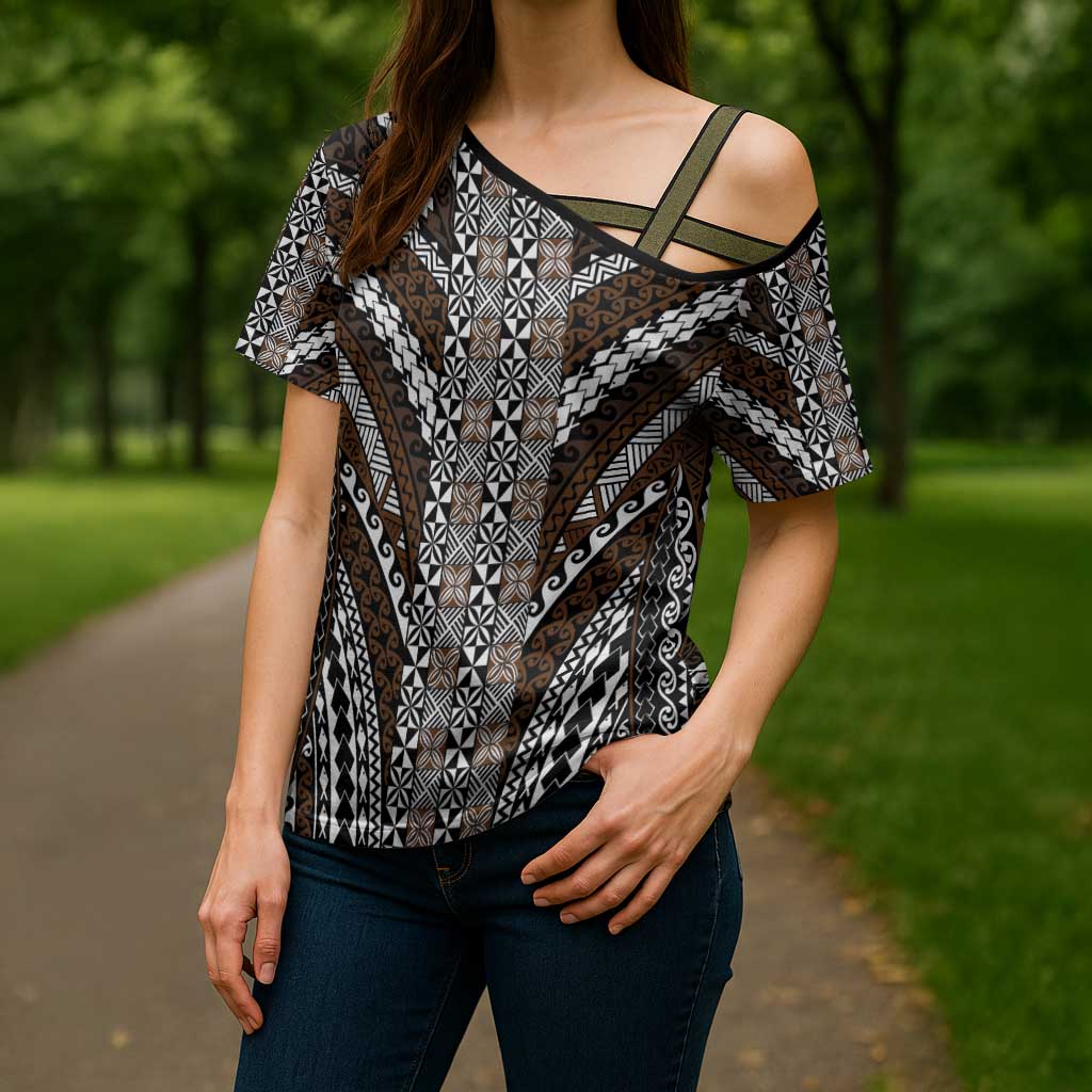 Brown Tongan Polynesian Tribal Cross Shoulder Shirt LT9 - Polynesian Pride