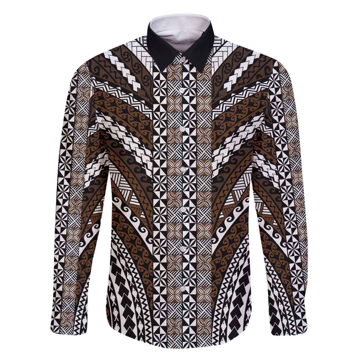 Brown Tongan Polynesian Tribal Family Matching Off The Shoulder Long Sleeve Dress and Hawaiian Shirt LT9 Dad's Shirt - Long Sleeve Brown - Polynesian Pride