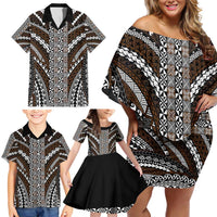 Brown Tongan Polynesian Tribal Family Matching Off Shoulder Short Dress and Hawaiian Shirt - Polynesian Pride