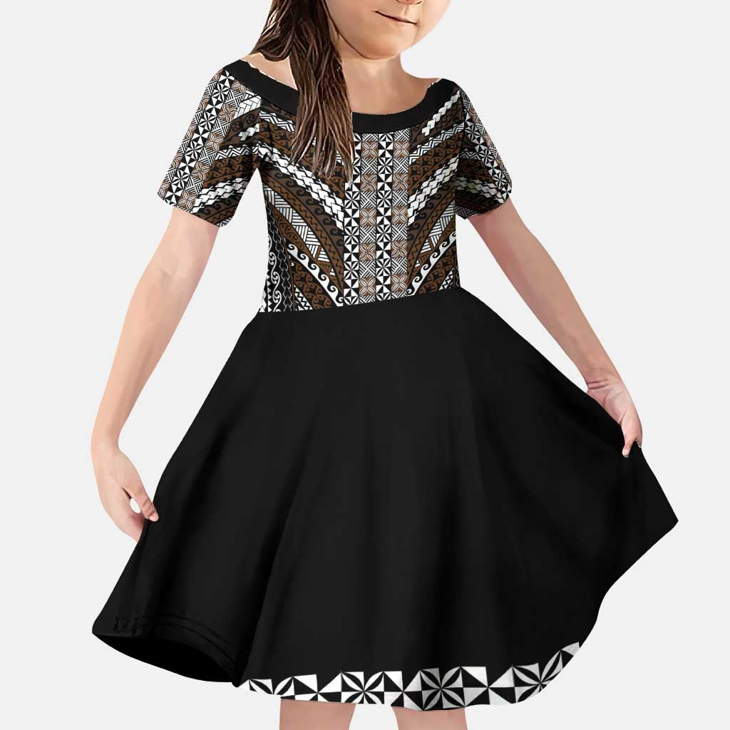 Brown Tongan Polynesian Tribal Family Matching Puletasi and Hawaiian Shirt LT9 Daughter's Dress Brown - Polynesian Pride