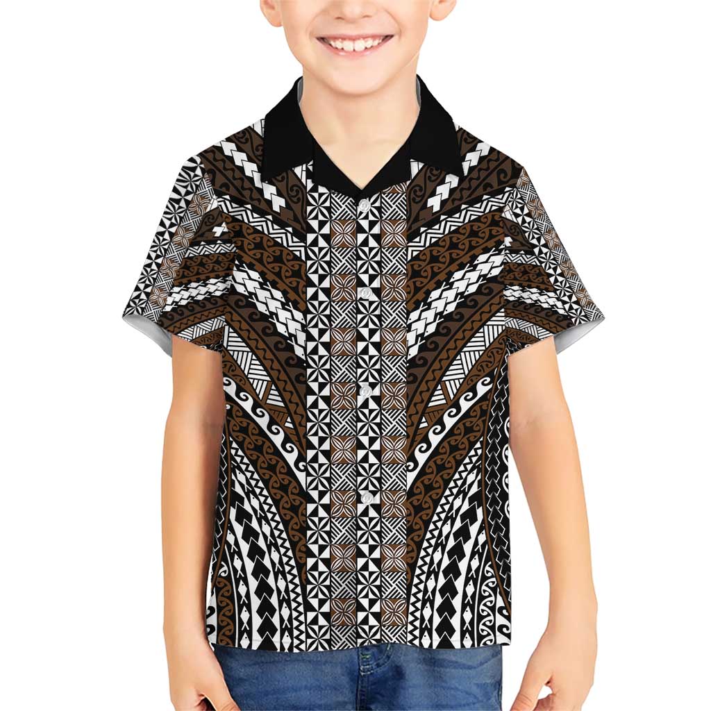 Brown Tongan Polynesian Tribal Family Matching Short Sleeve Bodycon Dress and Hawaiian Shirt - Polynesian Pride