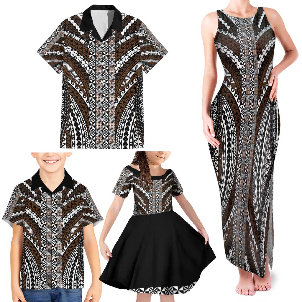 Brown Tongan Polynesian Tribal Family Matching Tank Maxi Dress and Hawaiian Shirt - Polynesian Pride