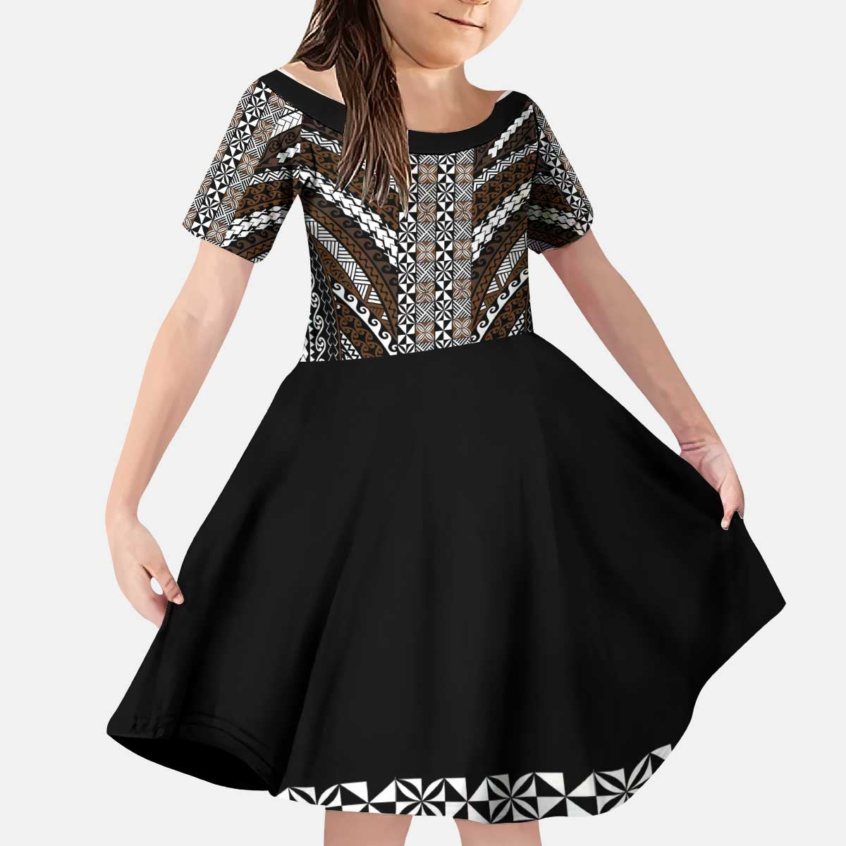 Brown Tongan Polynesian Tribal Kid Short Sleeve Dress - Polynesian Pride