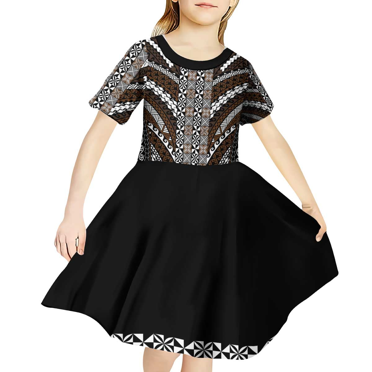Brown Tongan Polynesian Tribal Kid Short Sleeve Dress - Polynesian Pride