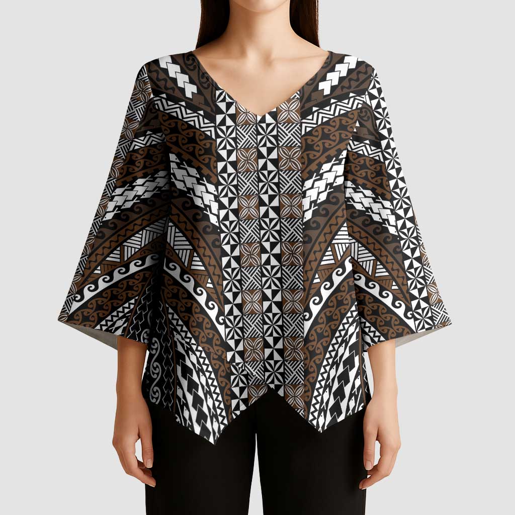 Brown Tongan Polynesian Tribal Kimono Sleeve Blouse LT9 - Polynesian Pride