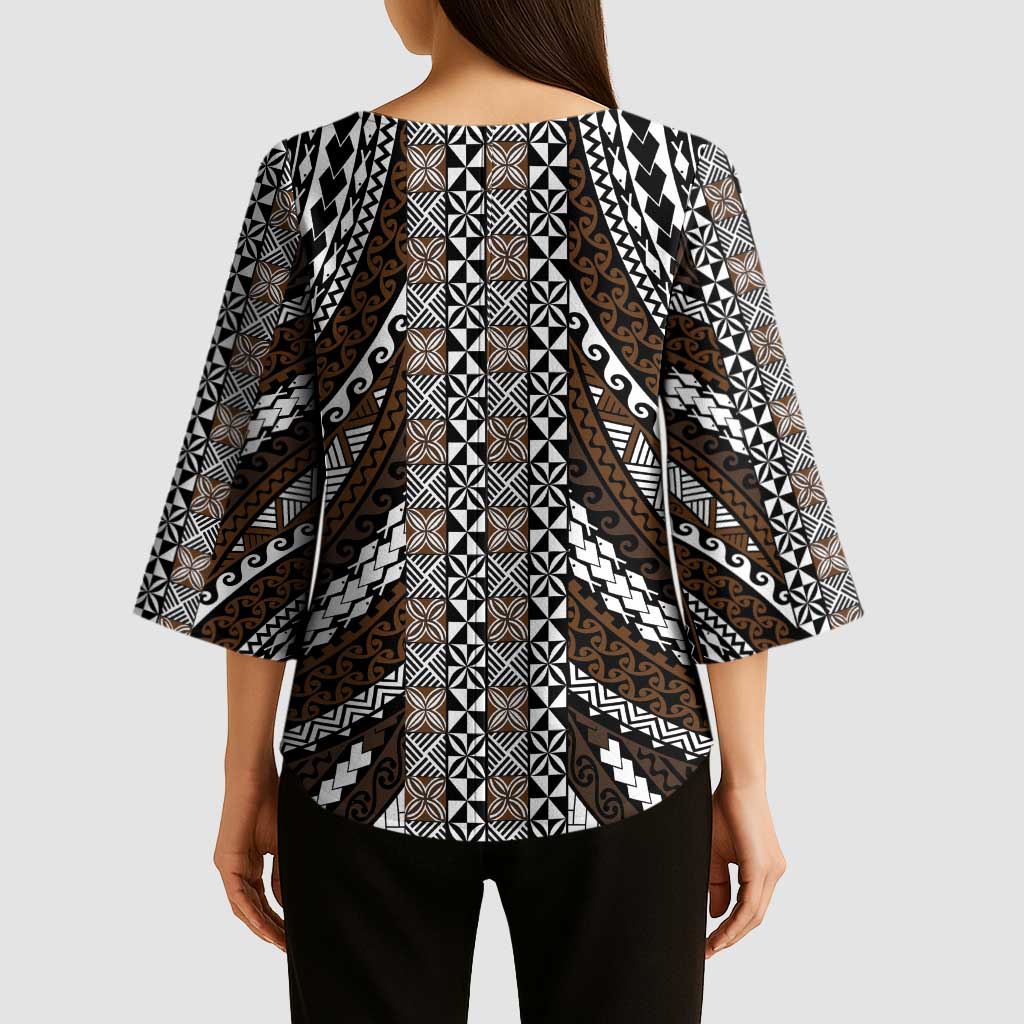 Brown Tongan Polynesian Tribal Kimono Sleeve Blouse LT9 - Polynesian Pride