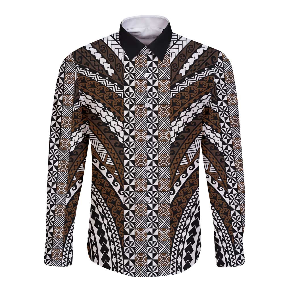 Brown Tongan Polynesian Tribal Long Sleeve Button Shirt LT9 Unisex Brown - Polynesian Pride