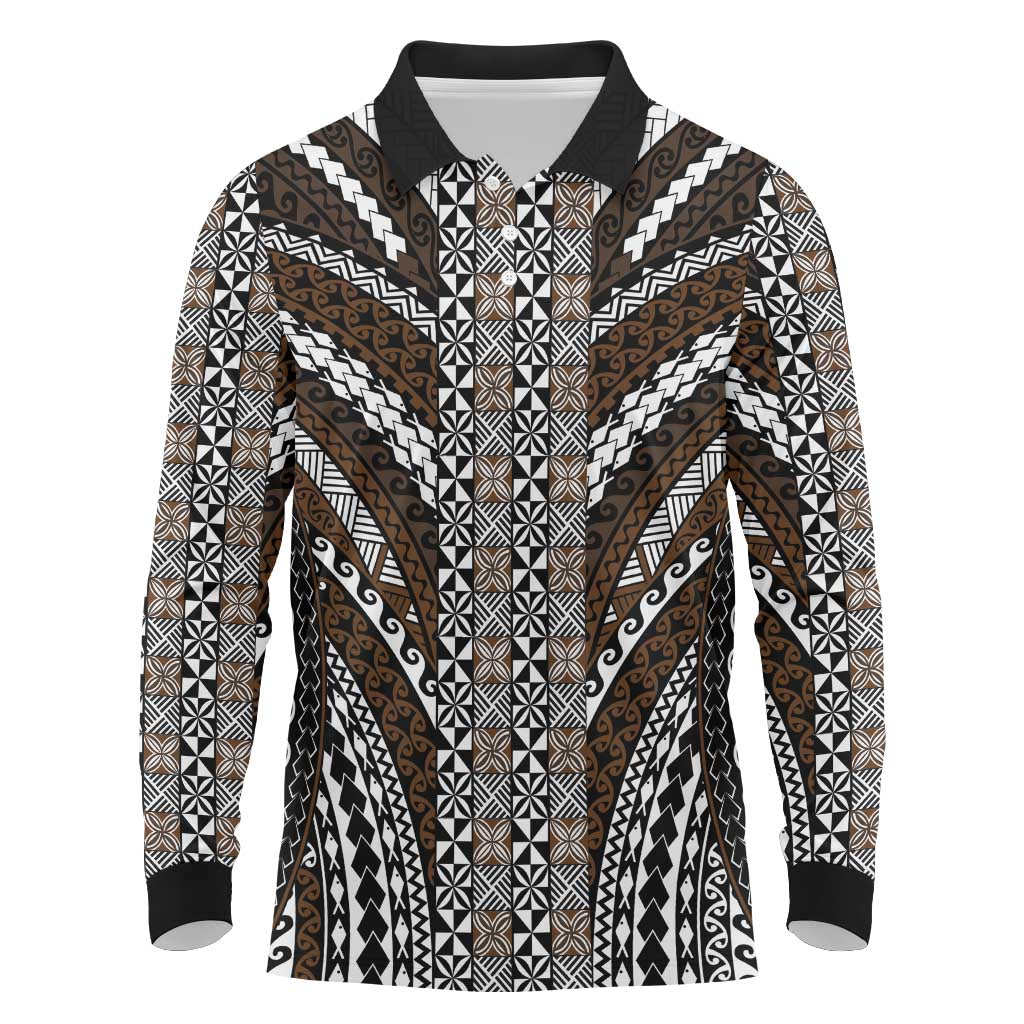 Brown Tongan Polynesian Tribal Long Sleeve Polo Shirt LT9 Brown - Polynesian Pride