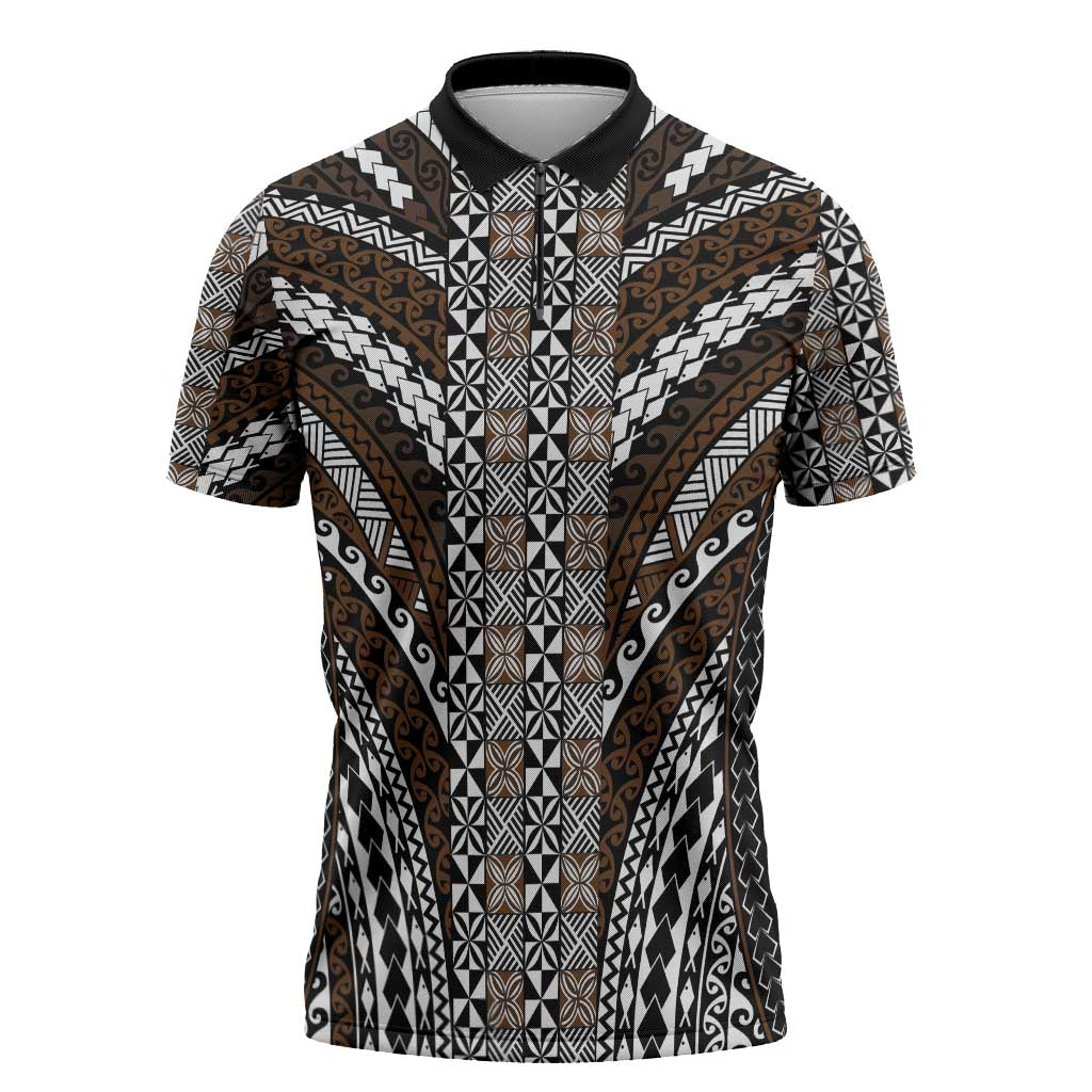 Brown Tongan Polynesian Tribal Zipper Polo Shirt LT9 Brown - Polynesian Pride