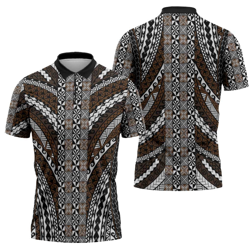 Brown Tongan Polynesian Tribal Zipper Polo Shirt LT9 - Polynesian Pride