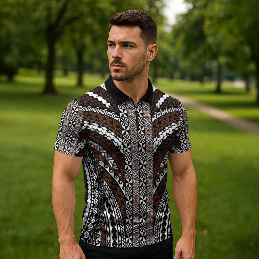 Brown Tongan Polynesian Tribal Zipper Polo Shirt LT9 - Polynesian Pride