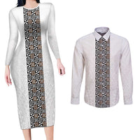 Light Gray Tongan Polynesian Tribal Couples Matching Long Sleeve Bodycon Dress and Long Sleeve Button Shirt LT9 White - Polynesian Pride