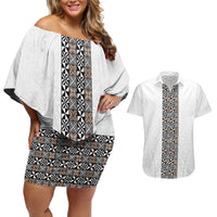 Light Gray Tongan Polynesian Tribal Couples Matching Off Shoulder Short Dress and Hawaiian Shirt LT9 White - Polynesian Pride