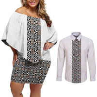 Light Gray Tongan Polynesian Tribal Couples Matching Off Shoulder Short Dress and Long Sleeve Button Shirt LT9 White - Polynesian Pride