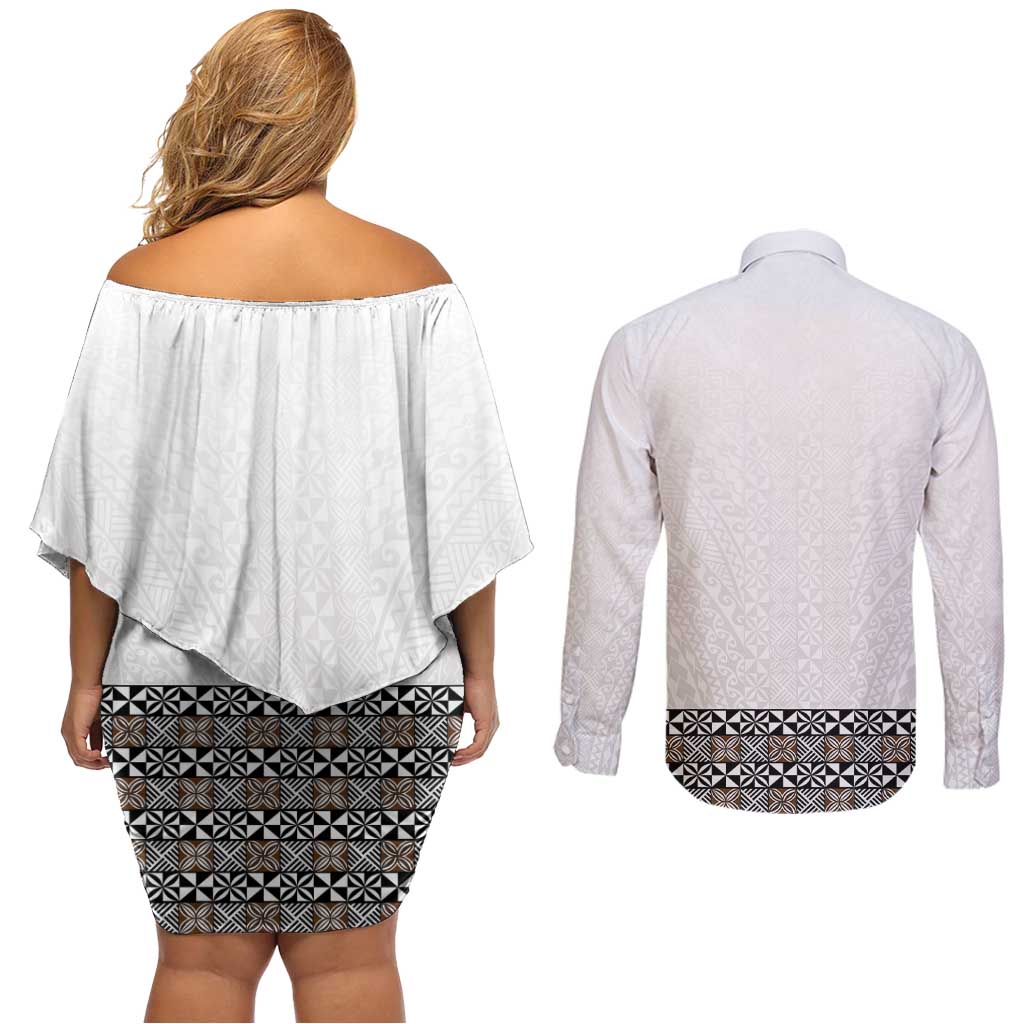 Light Gray Tongan Polynesian Tribal Couples Matching Off Shoulder Short Dress and Long Sleeve Button Shirt LT9 - Polynesian Pride