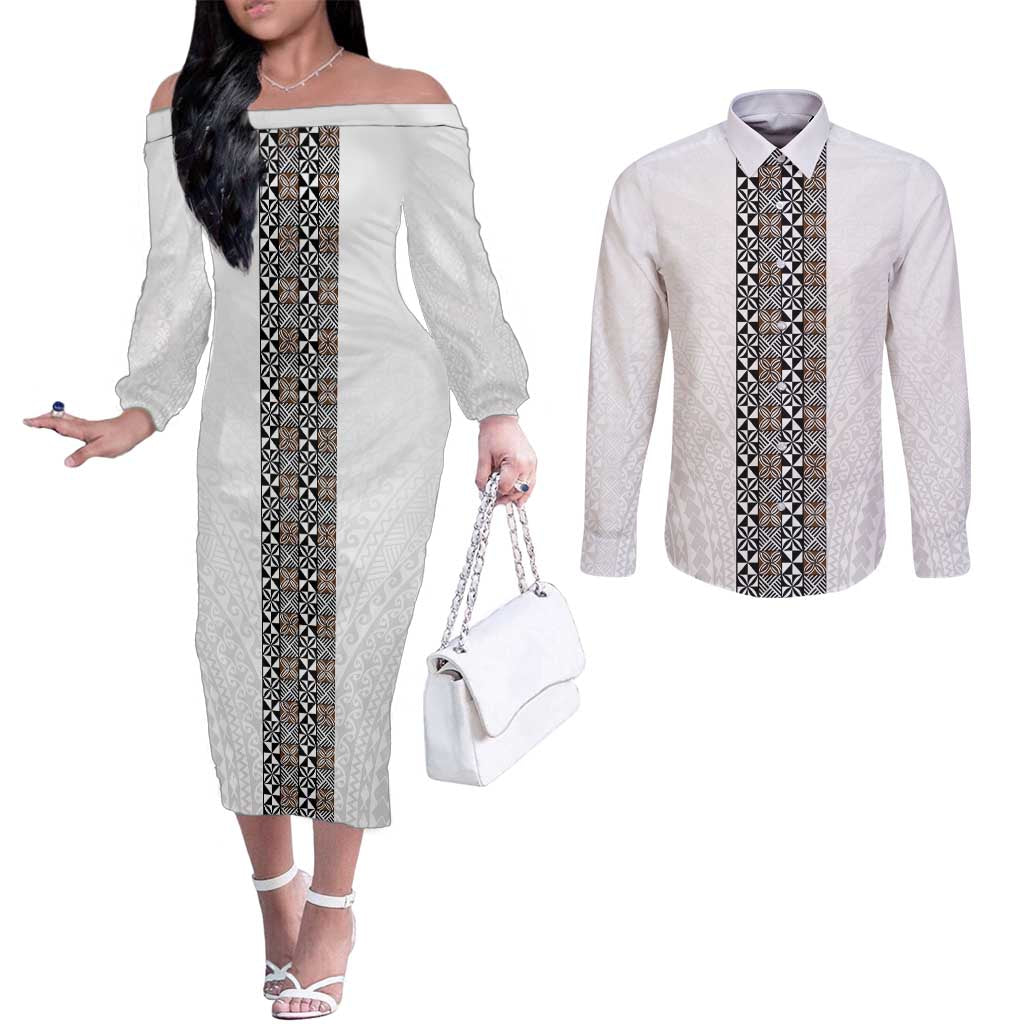 Light Gray Tongan Polynesian Tribal Couples Matching Off The Shoulder Long Sleeve Dress and Long Sleeve Button Shirt LT9 White - Polynesian Pride