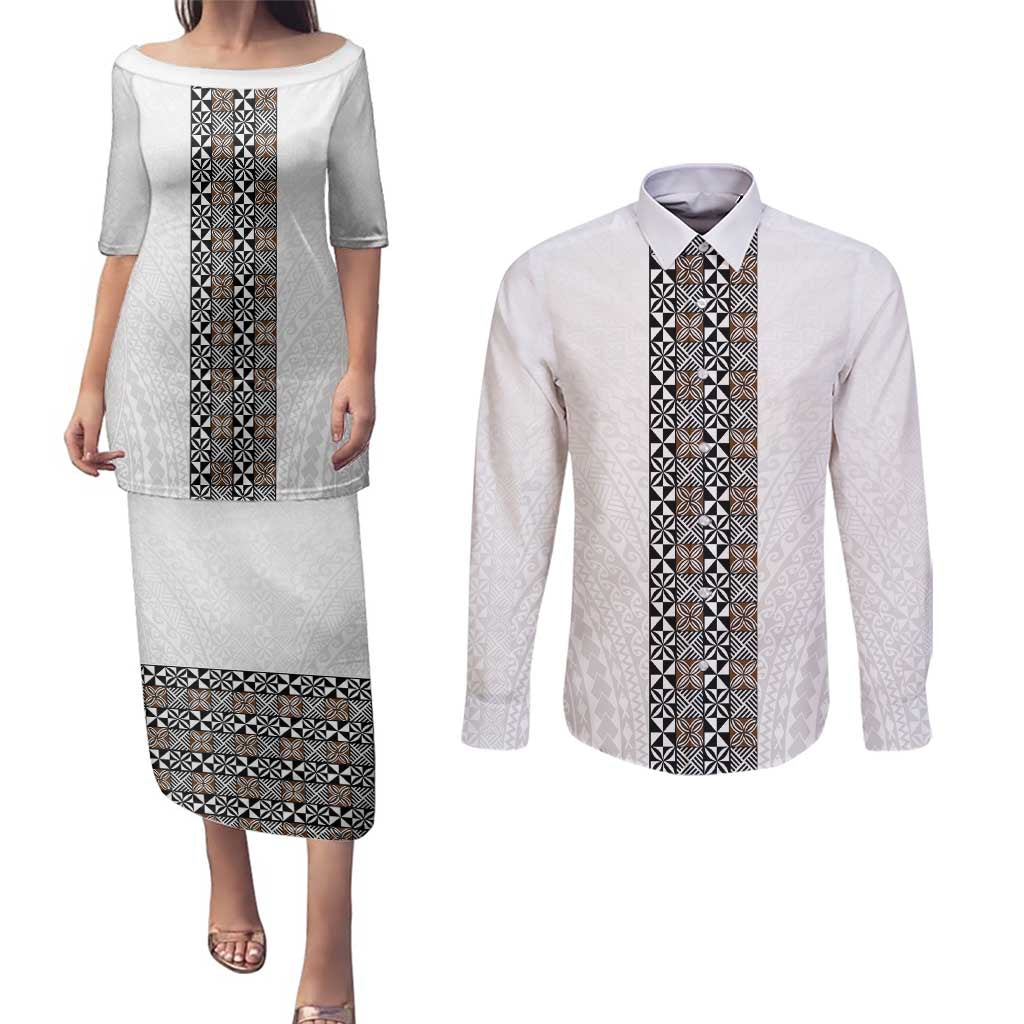 Light Gray Tongan Polynesian Tribal Couples Matching Puletasi and Long Sleeve Button Shirt LT9 White - Polynesian Pride