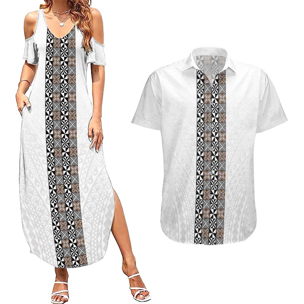 Light Gray Tongan Polynesian Tribal Couples Matching Summer Maxi Dress and Hawaiian Shirt LT9 White - Polynesian Pride