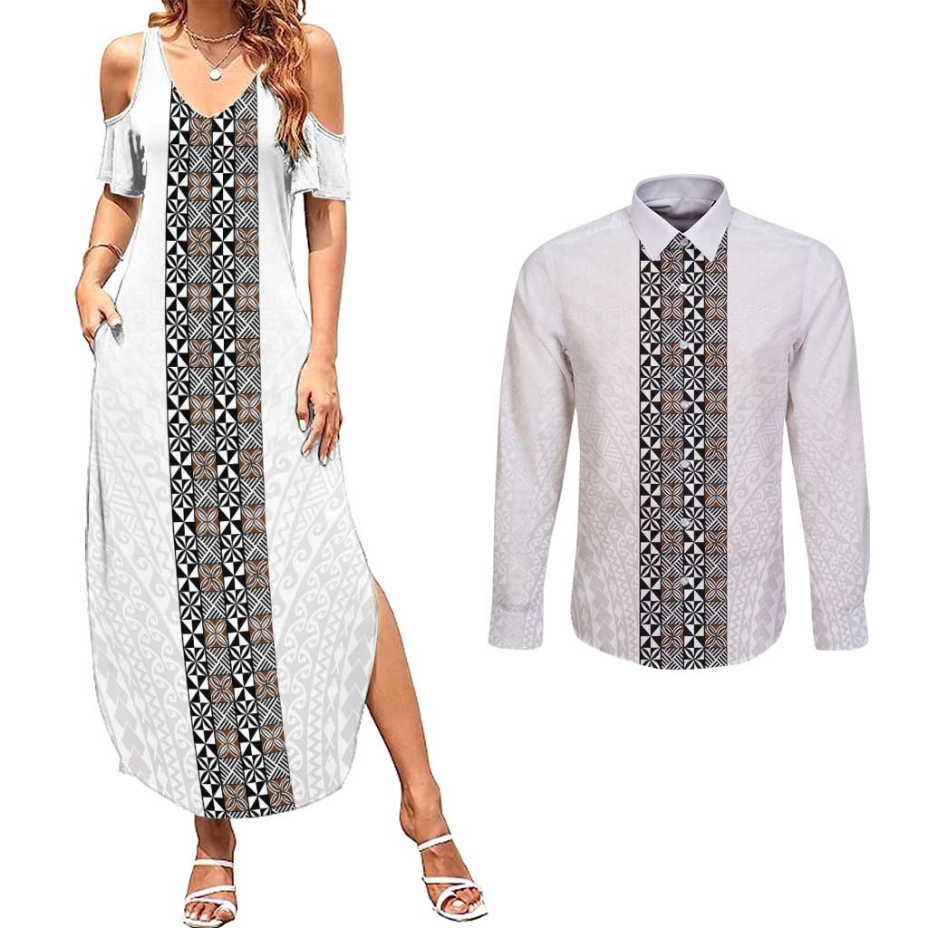 Light Gray Tongan Polynesian Tribal Couples Matching Summer Maxi Dress and Long Sleeve Button Shirt LT9 White - Polynesian Pride