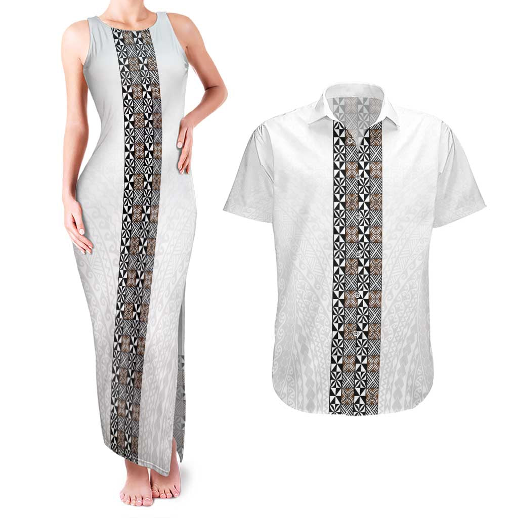 Light Gray Tongan Polynesian Tribal Couples Matching Tank Maxi Dress and Hawaiian Shirt LT9 White - Polynesian Pride