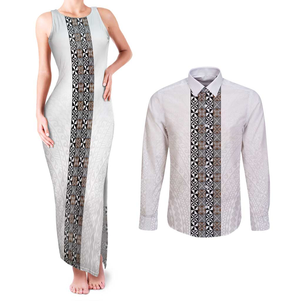 Light Gray Tongan Polynesian Tribal Couples Matching Tank Maxi Dress and Long Sleeve Button Shirt LT9 White - Polynesian Pride