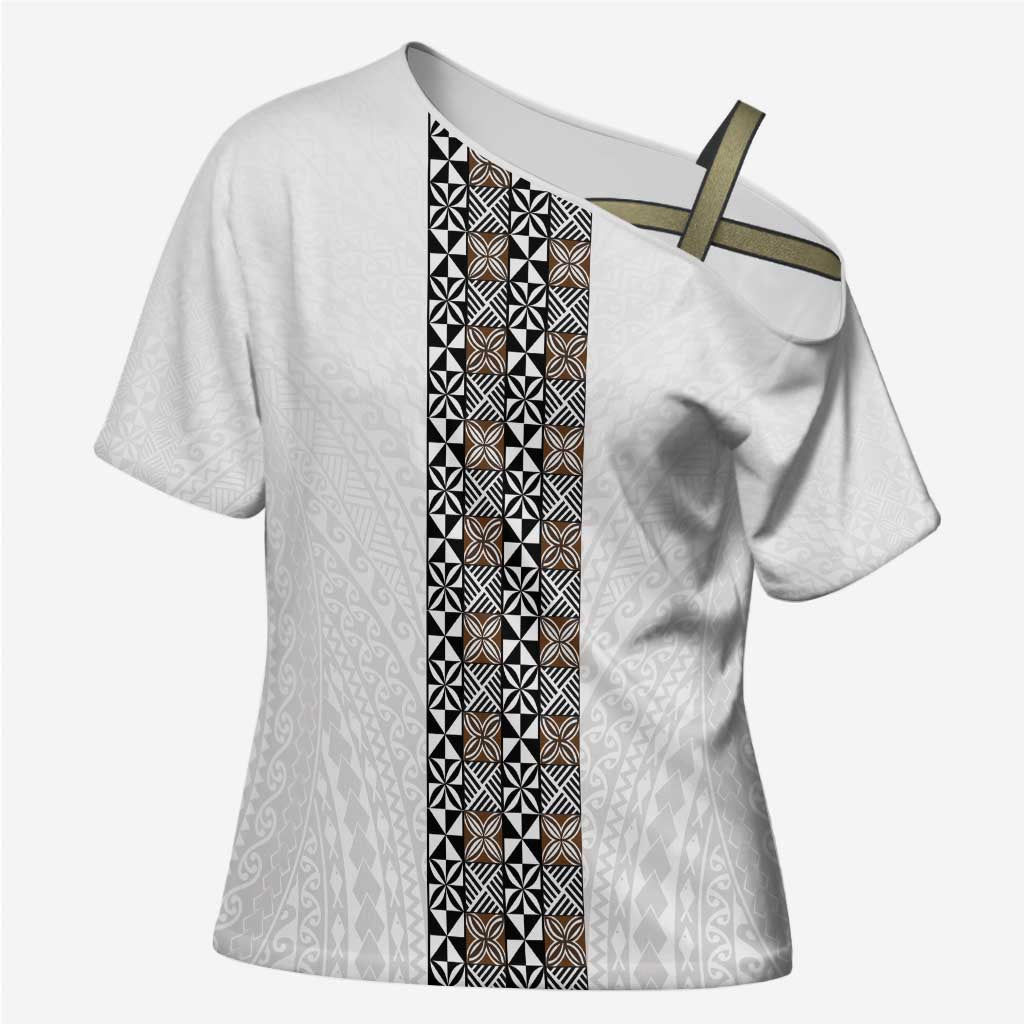 Light Gray Tongan Polynesian Tribal Cross Shoulder Shirt LT9 Female White - Polynesian Pride