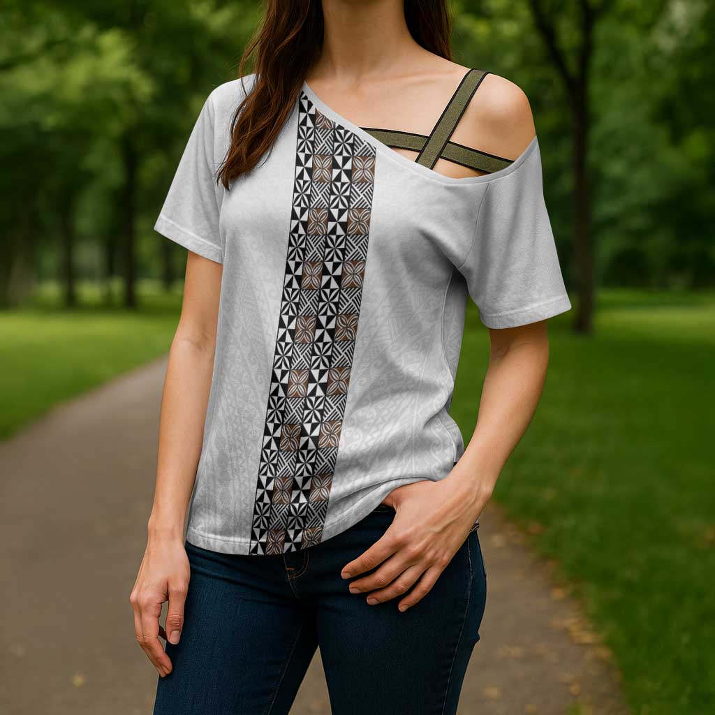 Light Gray Tongan Polynesian Tribal Cross Shoulder Shirt LT9 - Polynesian Pride