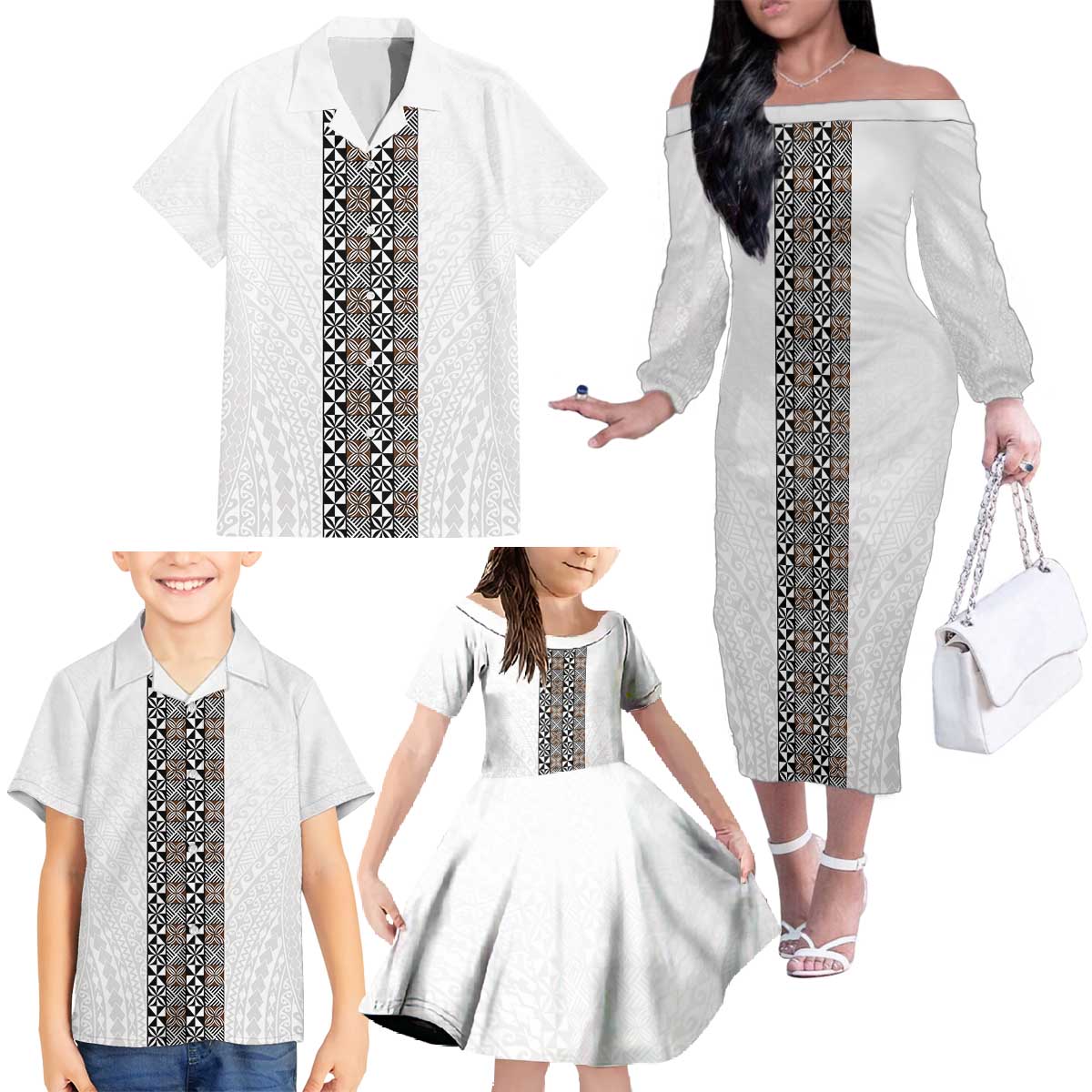 Light Gray Tongan Polynesian Tribal Family Matching Off The Shoulder Long Sleeve Dress and Hawaiian Shirt LT9 - Polynesian Pride