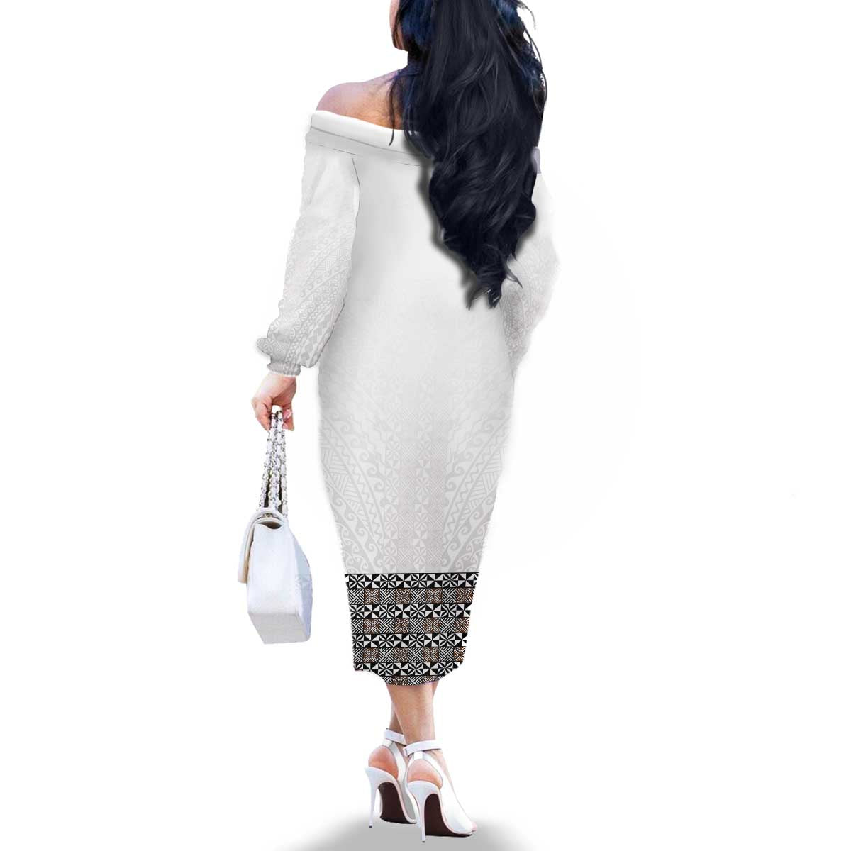 Light Gray Tongan Polynesian Tribal Family Matching Off The Shoulder Long Sleeve Dress and Hawaiian Shirt - Polynesian Pride