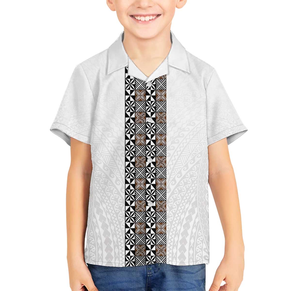 Light Gray Tongan Polynesian Tribal Family Matching Off The Shoulder Long Sleeve Dress and Hawaiian Shirt - Polynesian Pride
