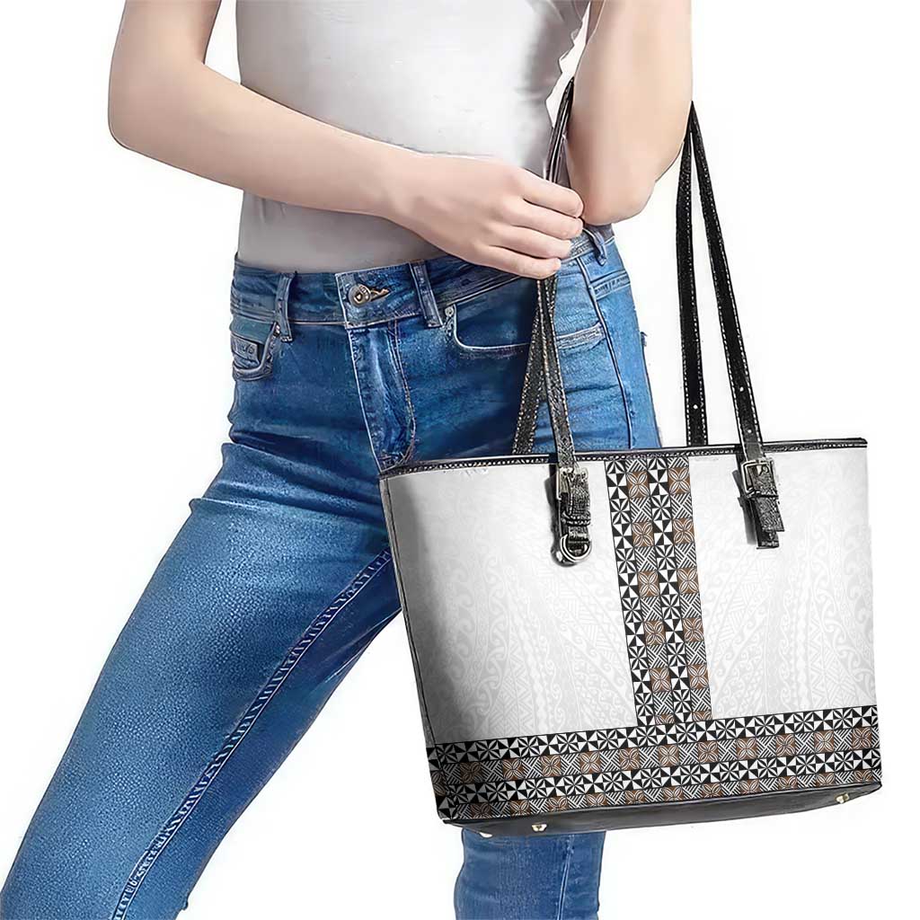 Light Gray Tongan Polynesian Tribal Leather Tote Bag LT9 - Polynesian Pride